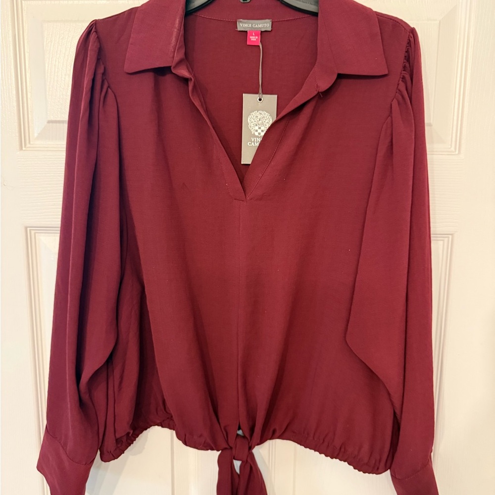 Vince Camuto Burgundy Tie-Front Long Sleeve Elegant Blouse
